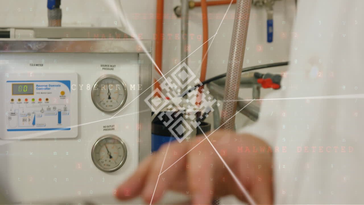 qr 코드 스캐너 및 데이터 처리의 애니메이션 카우카시안 엔지니어가 공장에서 노트북을 사용합니다.