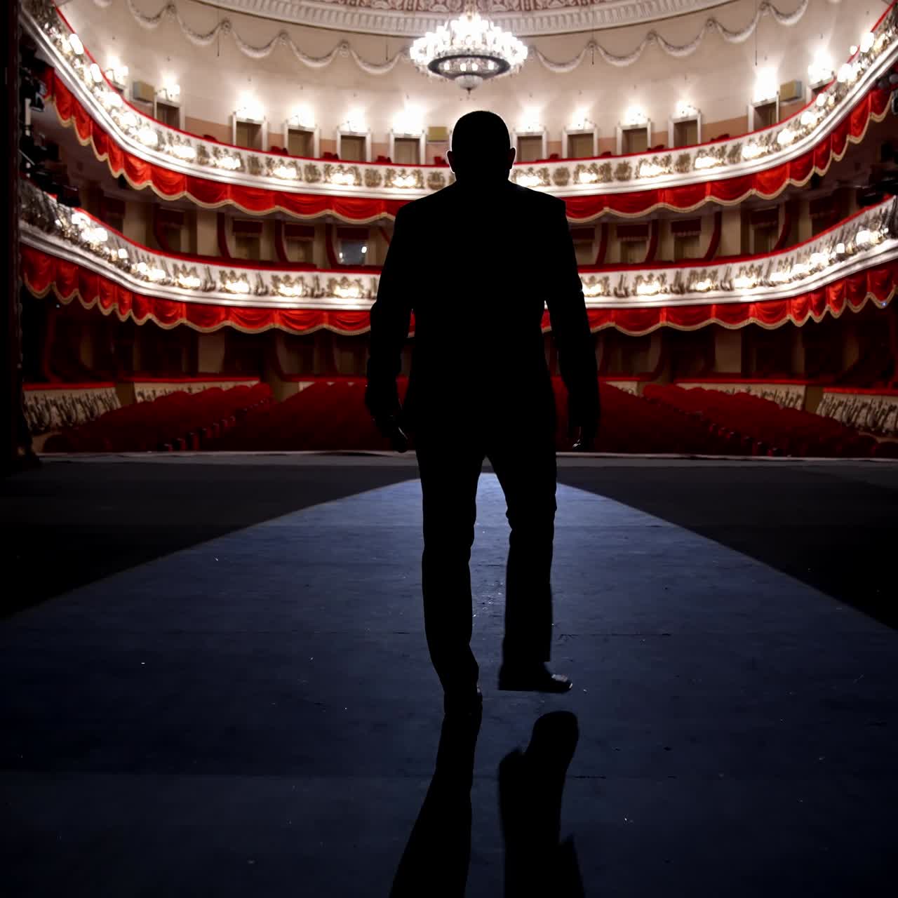 Actor walks on a scene in front of empty auditorium. Financial losses of organizers in entertainment sector because of quarantine