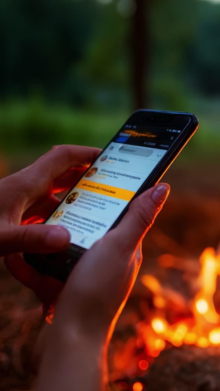 A Serene Evening by the Fire: Engaging with Social Media on a Smartphone while Enjoying the Warm Glow of a Campfire, Capturing the Essence of Modern Connectivity in Nature's Embrace
