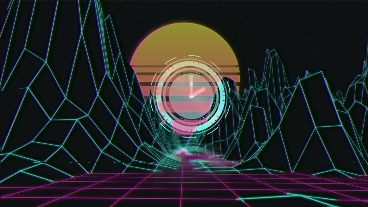 파란색 풍경 그리드 위의 데이터 로딩 시계와 검은색 배경에 떠오르는 태양의 애니메이션