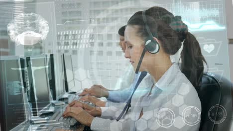 Animation-of-medical-data-processing-over-business-people-wearing-headsets