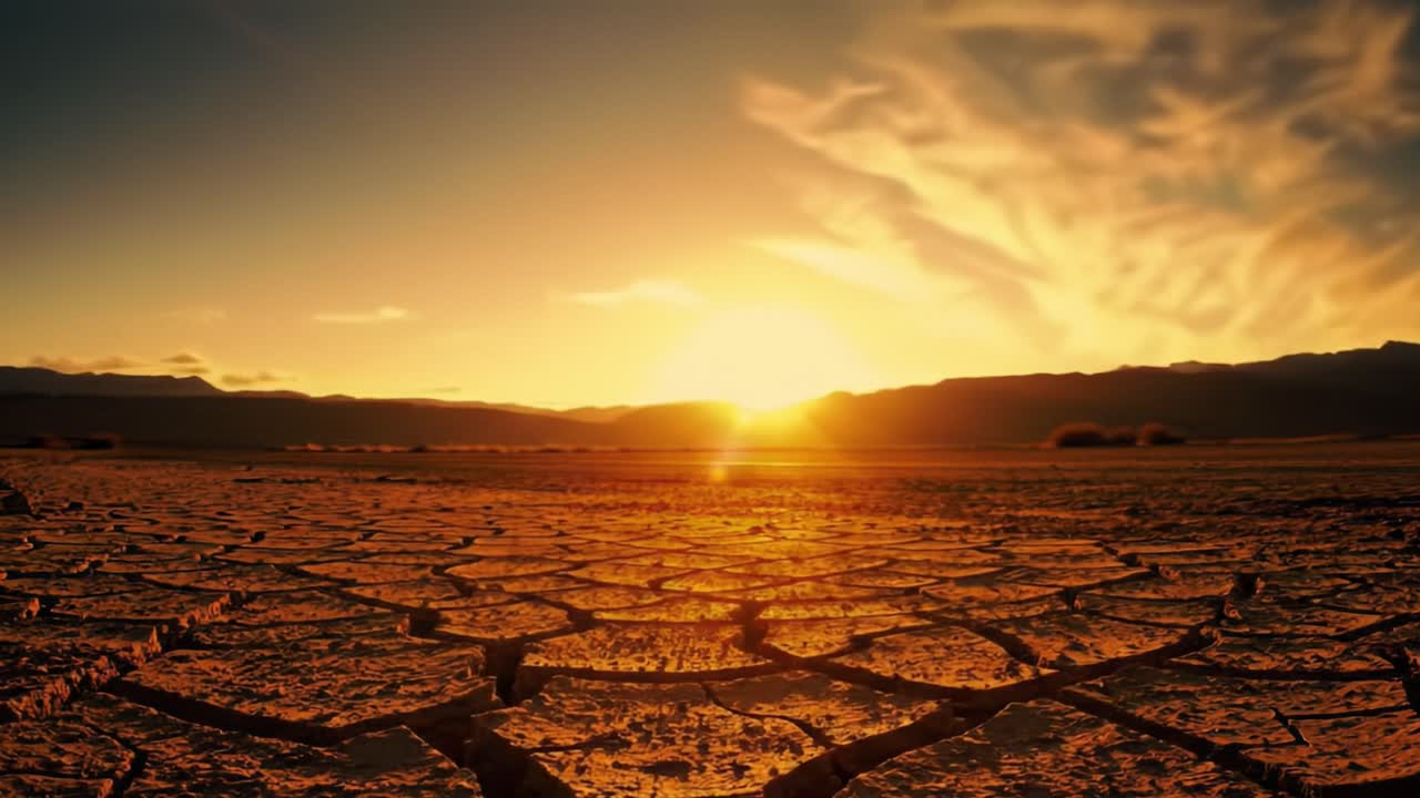 A dramatic sunset paints the sky as shadows stretch across arid land. The cracked earth reveals the impact of drought, with mountains silhouetted in the background.