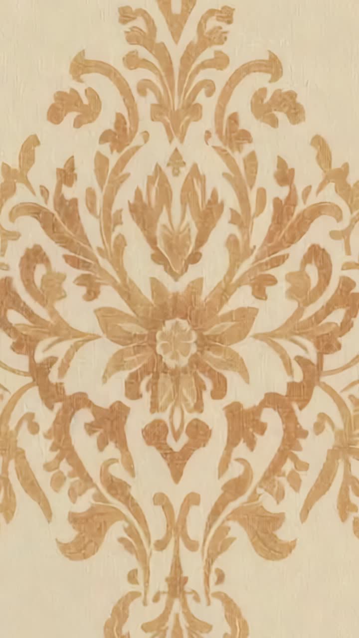 Vertical video: Panning camera across interior room wall, revealing ornate damask wallpaper pattern