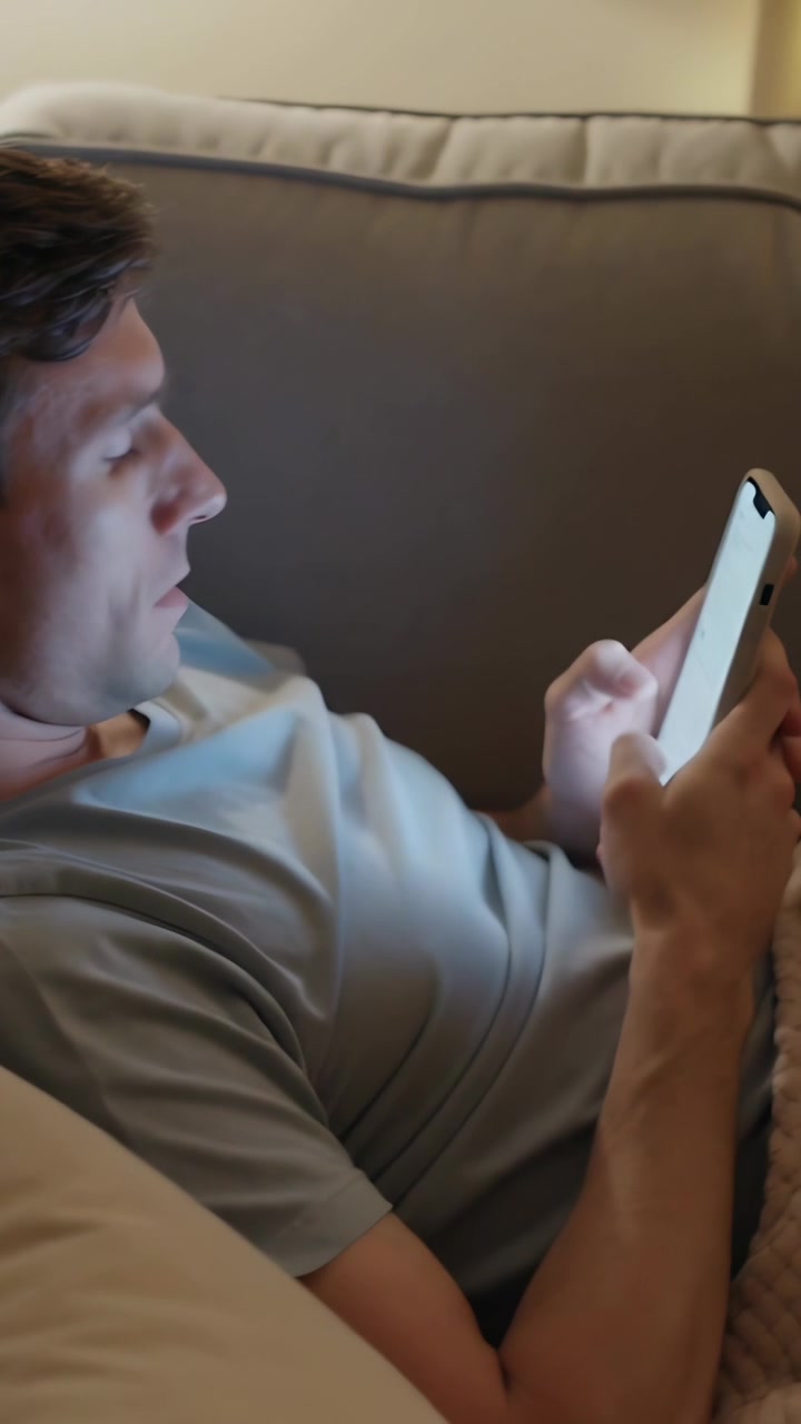 Vertikální video: Telefon osvětluje obličej, muž v šedém tričku leží na gauči a posouvá telefon, aby četl.