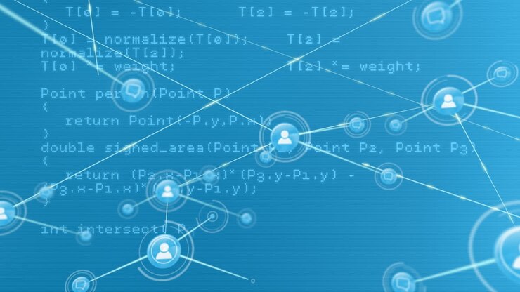 Animation network of connections with icons over data processing