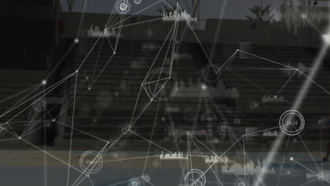 male athlete running on track, displaying sports analytics network nodes and bar-chart overlays