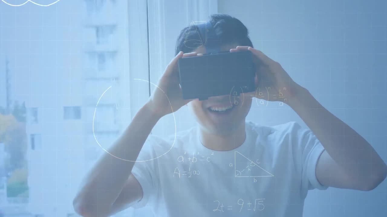 Animation of mathematical drawings and equations over man wearing vr headset