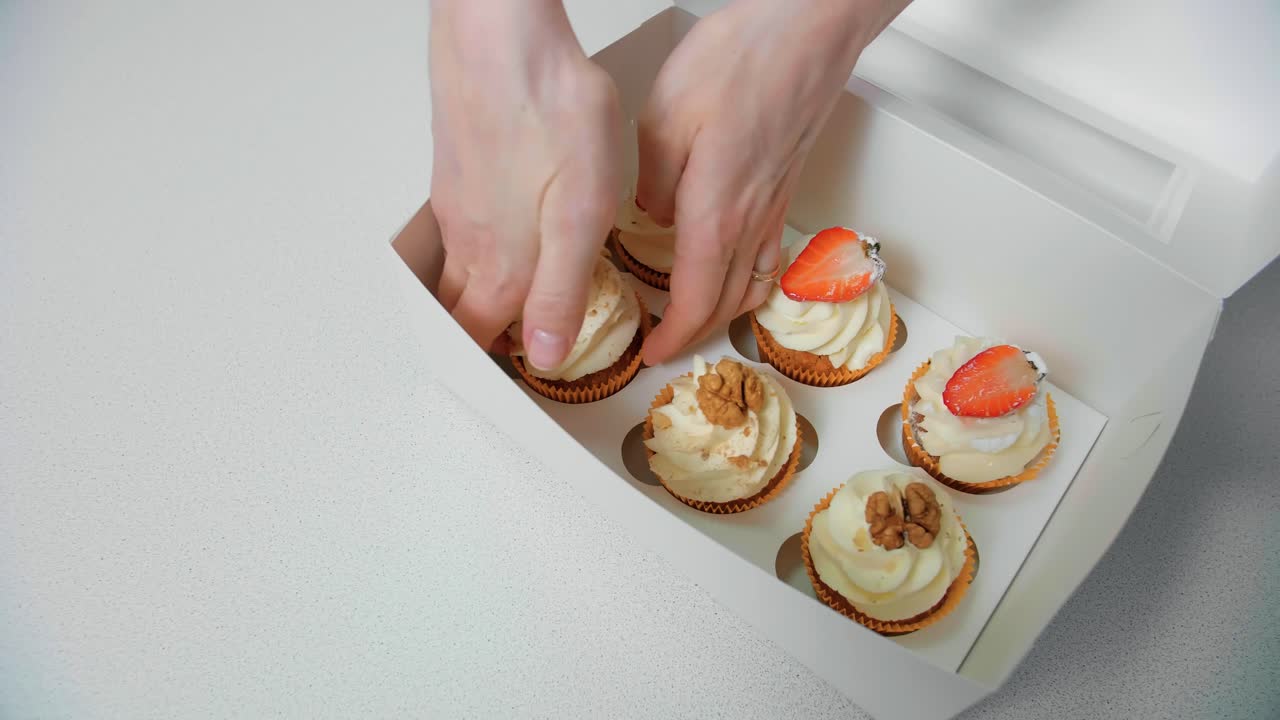 Delicious Strawberry and Walnut Cupcakes in a White Box