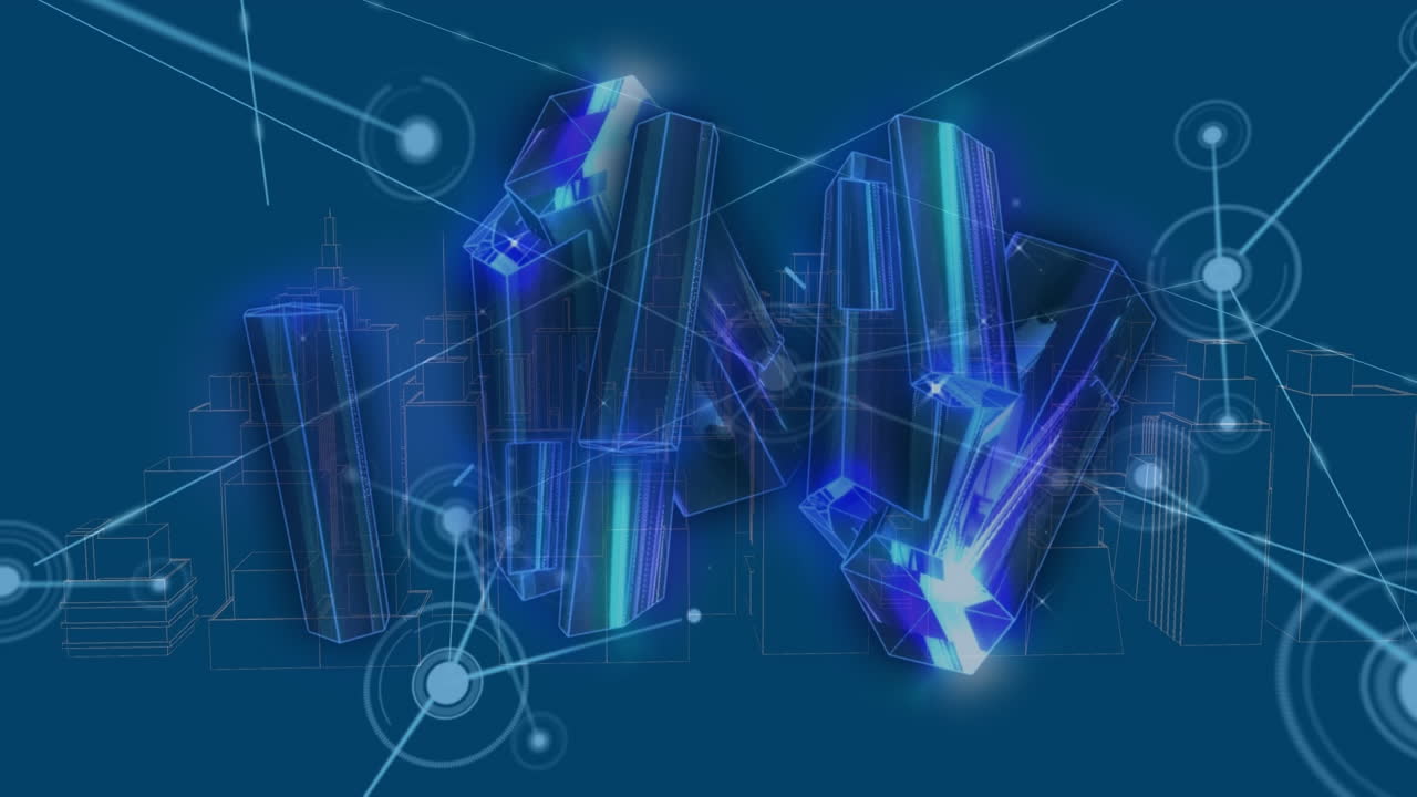 파란색 배경에 디지털 도시에 대한 데이터 처리 및 모양의 애니메이션