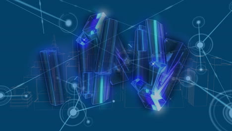 Animation of data processing and shapes over digital city on blue background