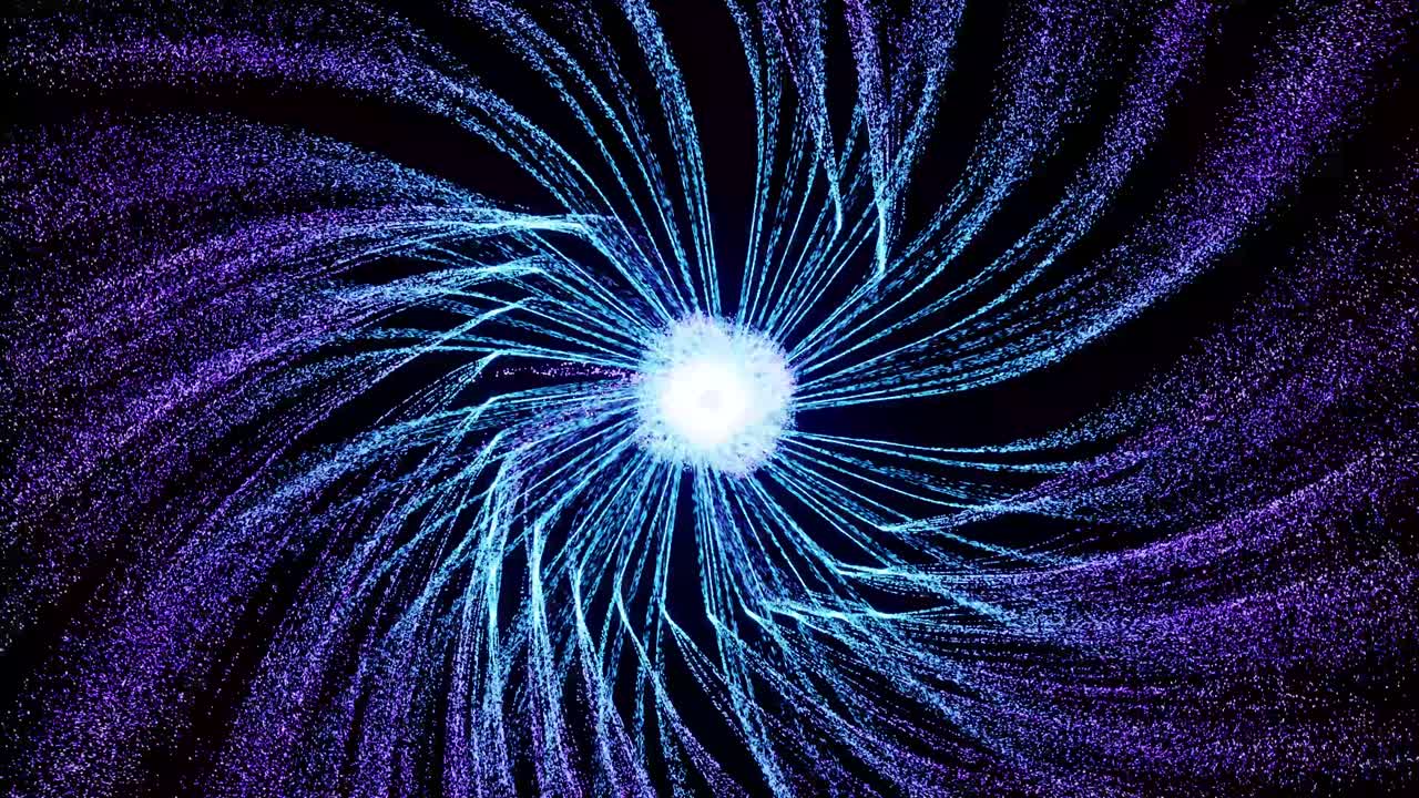 efectos visuales, vfx, partículas púrpuras sprays zoomout en fondo negro animación en 3d