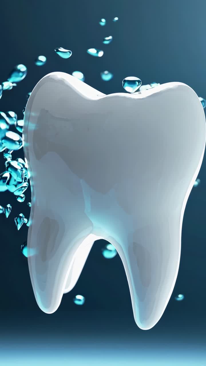 Close-up video angle of a shiny tooth surrounded by water droplets, emphasizing dental hygiene