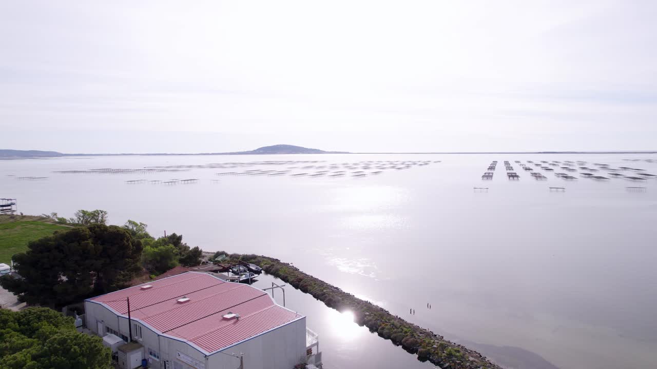 Aerial video sequence of seafood oyster farms near S&egrave;te city, south of France