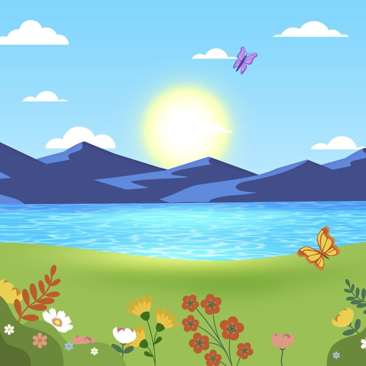 Magnifique paysage printanier au bord du lac avec des papillons.