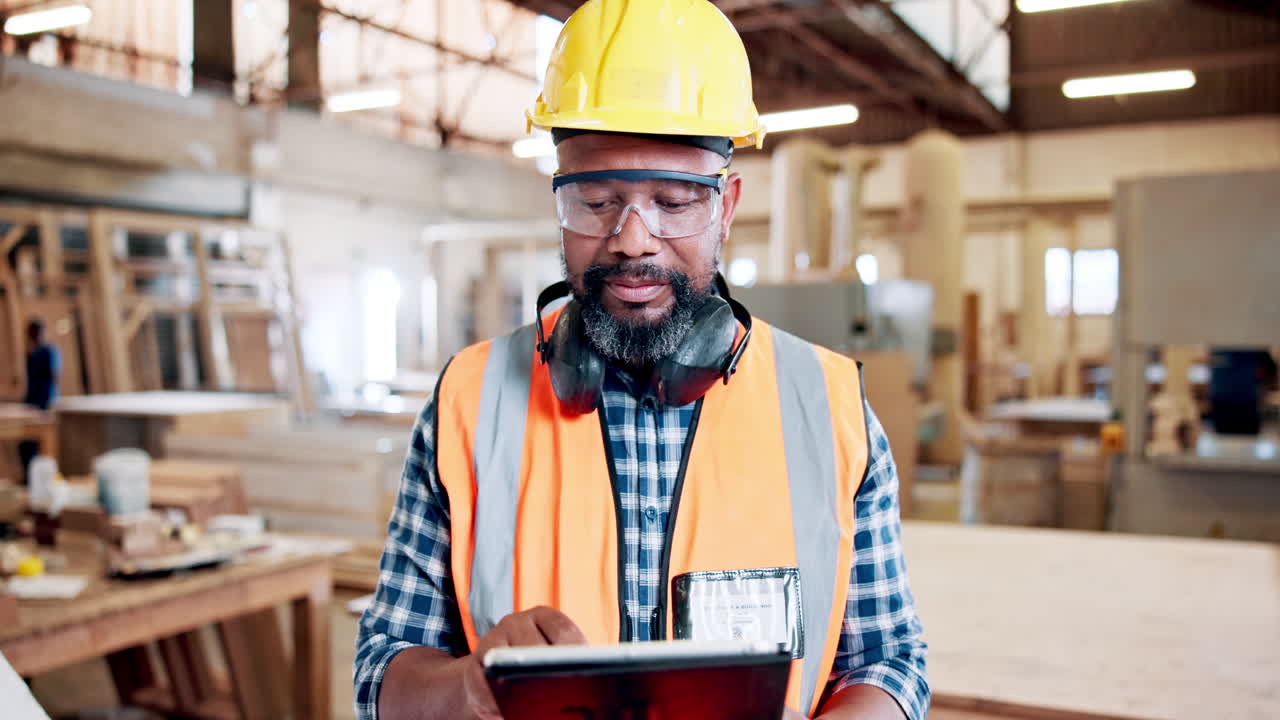Man in Safety Gear Using Tablet in Woodworking Workshop