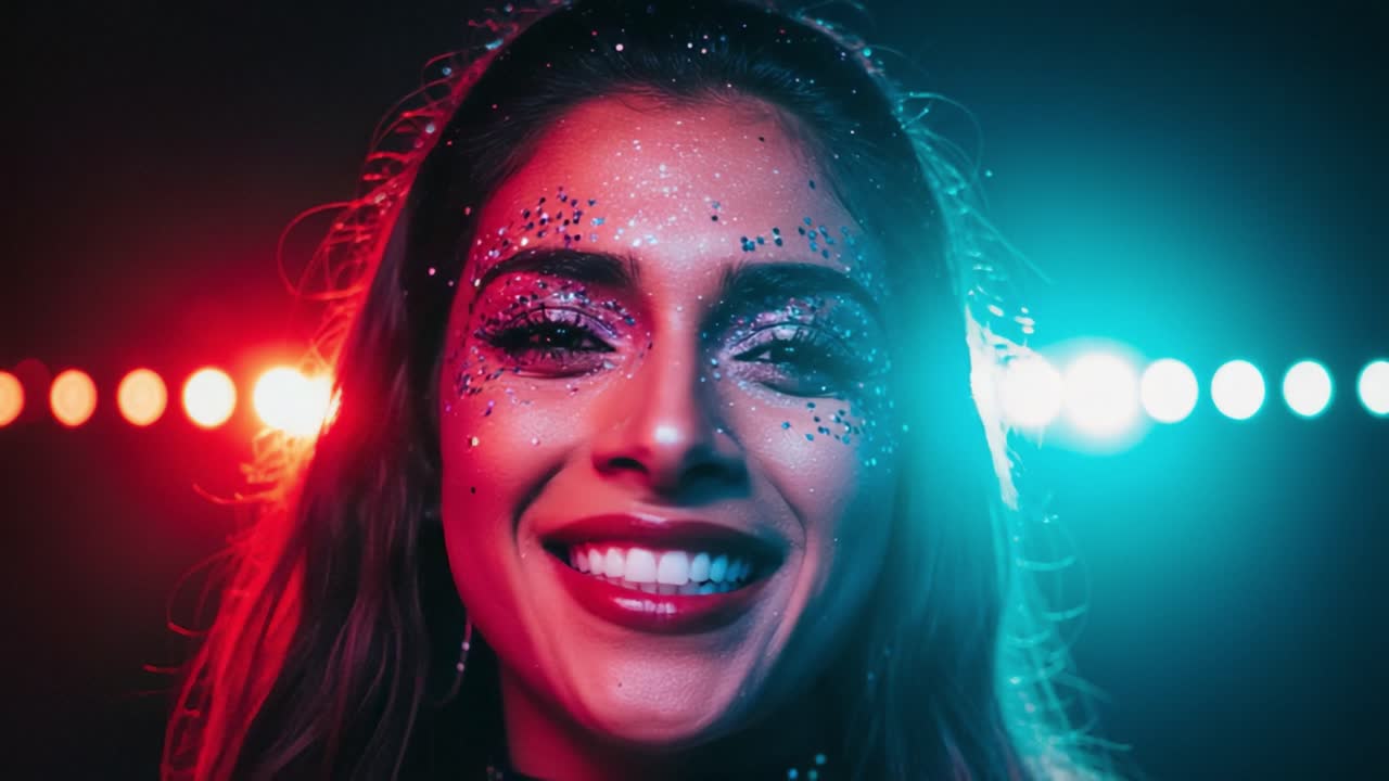 Captivating Close-Up of a Joyful Individual with Sparkling Glitter Make-Up, Vibrant Lighting, and a Charismatic Smile in a Colorful Atmosphere