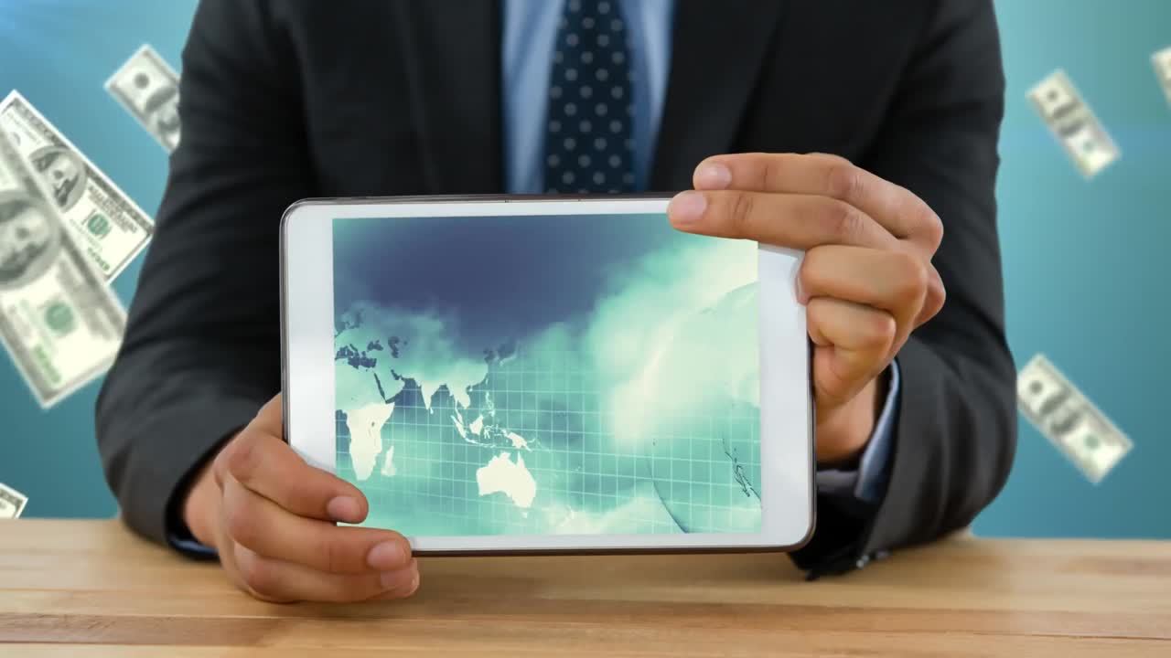 세계 지도 를 보여 주는 태블릿