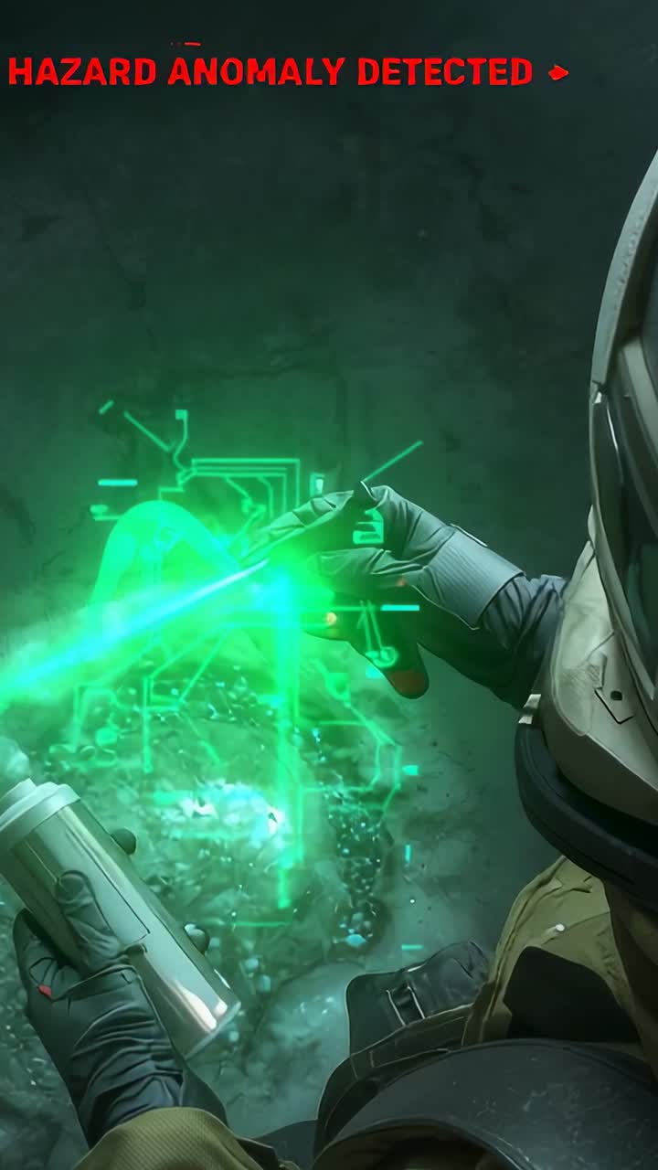 Vídeo vertical: Profissional de tecnologia com capacete em bunker, usando vareta e lata para escanear perigo, com espaço para texto.