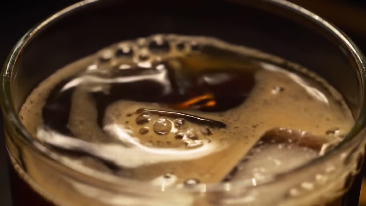 A Close-Up View of a Refreshing Beverage with Ice Cubes, Capturing the Bubbles and Rich Color of a Dark Carbonated Drink in a Glass