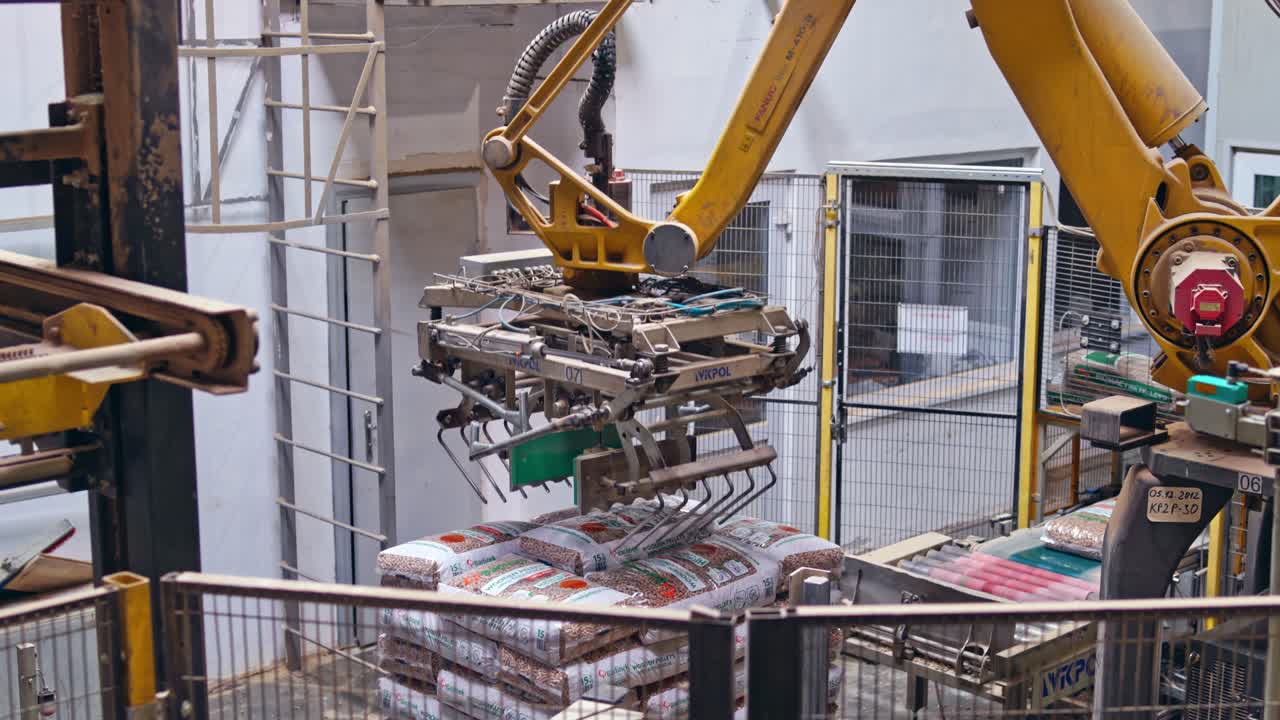 Mechanical robot with artificial intelligence sorts bags on the conveyor. Putting bags from line to the pallet. Process closeup.