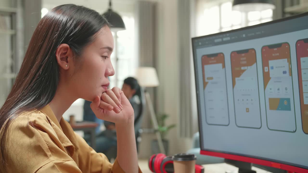 Asian Female Mobile Application Developer Thinking While Works With Graphics On Her Personal Computer In Office