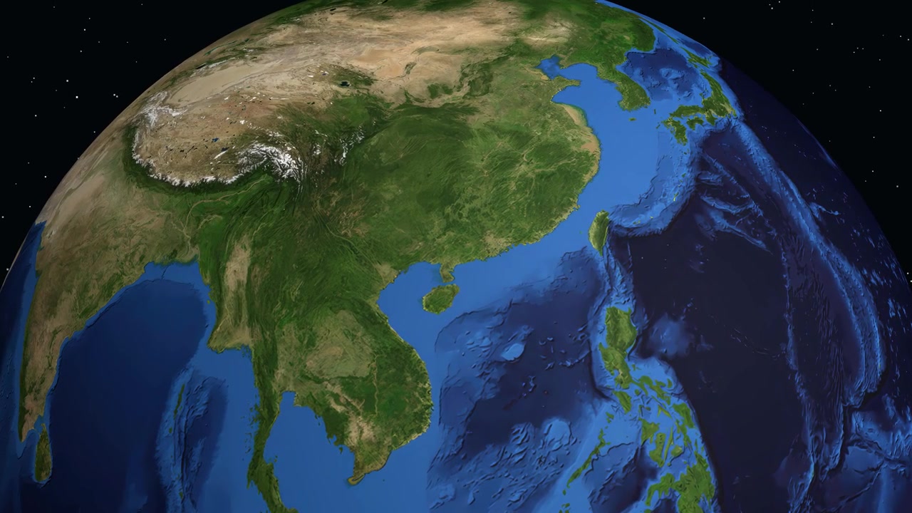 Animazione digitale che zooma dallo spazio sulla Terra, individuando Maoming, Cina con dati di coordinate