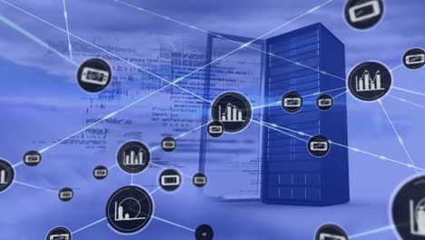 Animation-of-network-of-connections-with-icons-over-computer-server-in-clouds