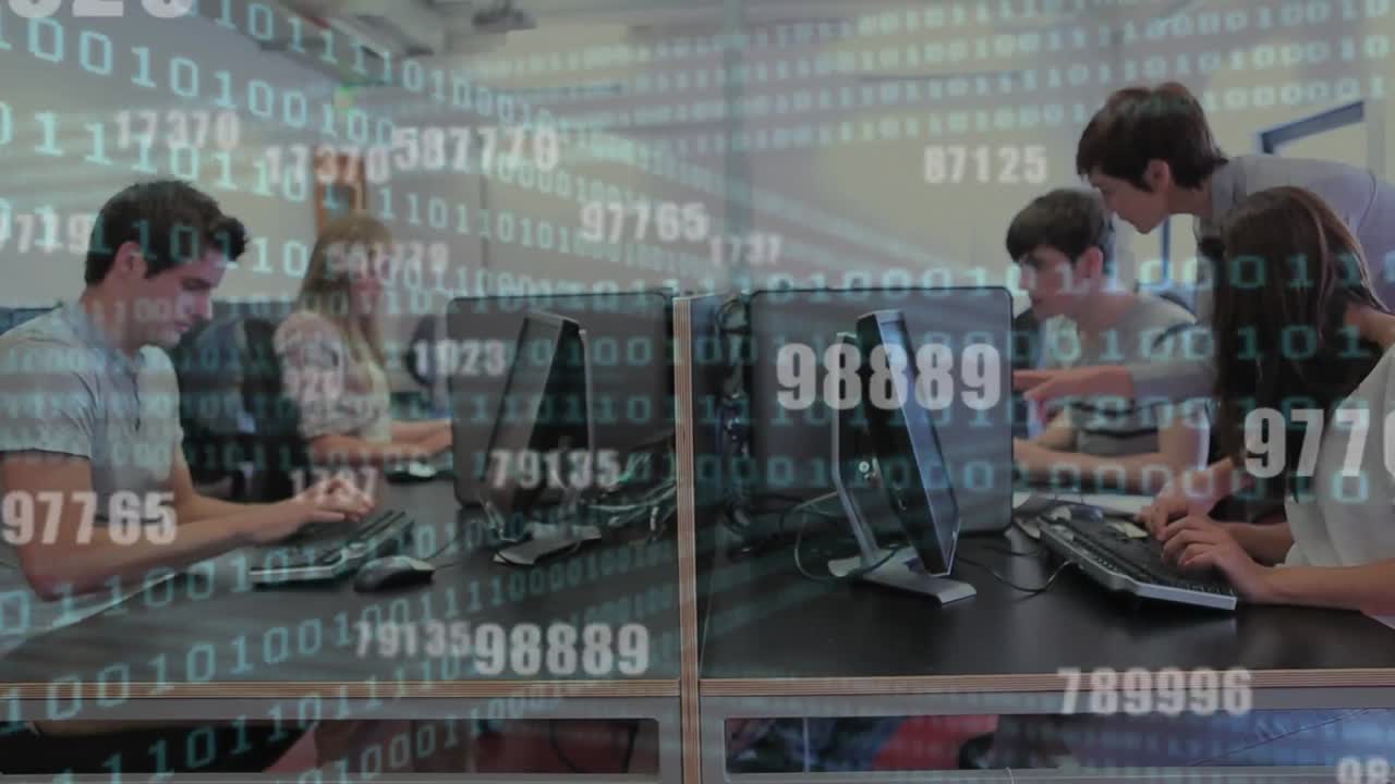 Binary coding data processing against group of college students using computers