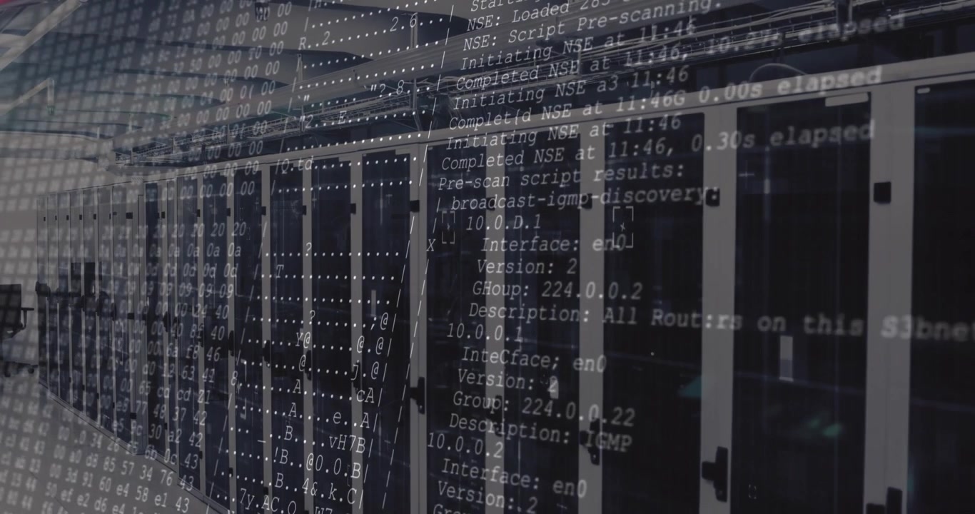 After camera pausing at corridor, server racks displaying scrolling network scan overlay for audit