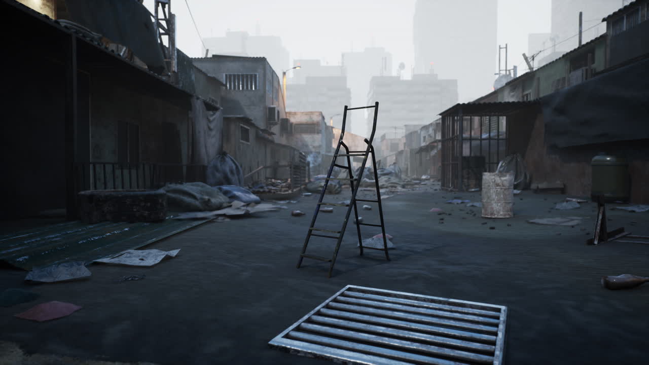 Abandoned urban alley with discarded items and a ladder on a foggy morning