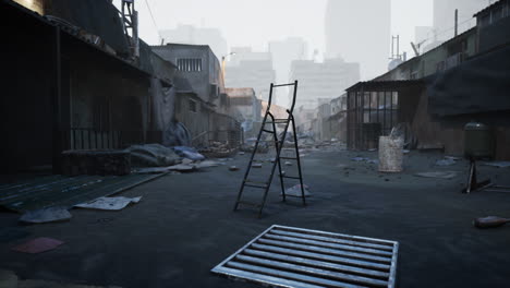 abandoned urban alley with discarded items and a ladder on a foggy morning