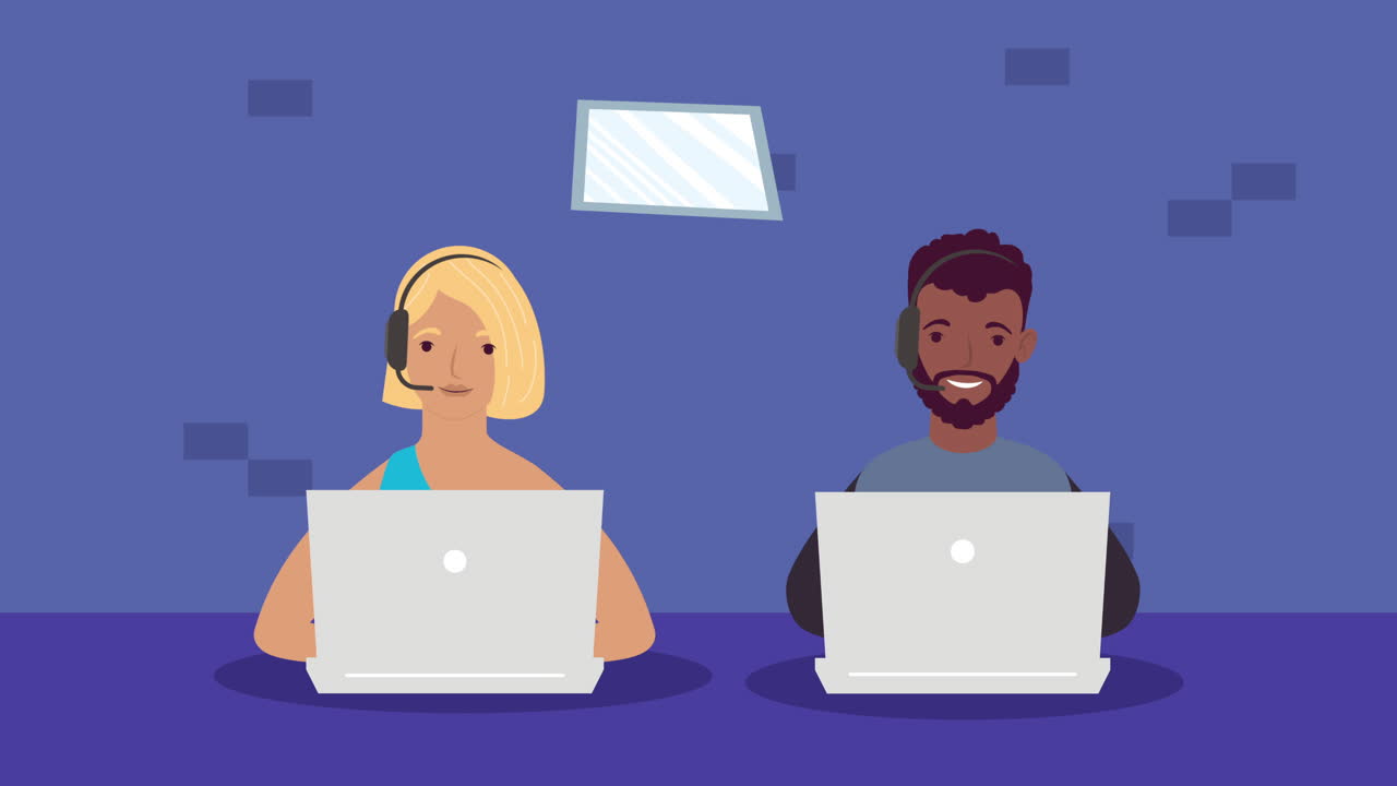 young couple using laptop characters animation