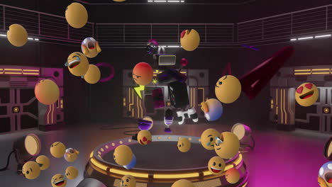 animation of gaming and emoji icons over cyber room