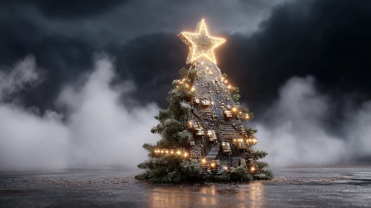 Uma árvore de Natal brilhante feita de placas de circuito iluminadas por uma estrela, unindo o espírito festivo com uma estética de tecnologia moderna em meio a um plano de fundo dramático e nublado