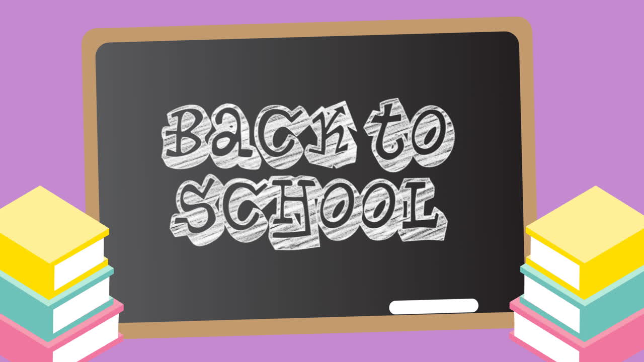 animación del texto de regreso a la escuela en la pizarra y iconos digitales de libros en fondo púrpura