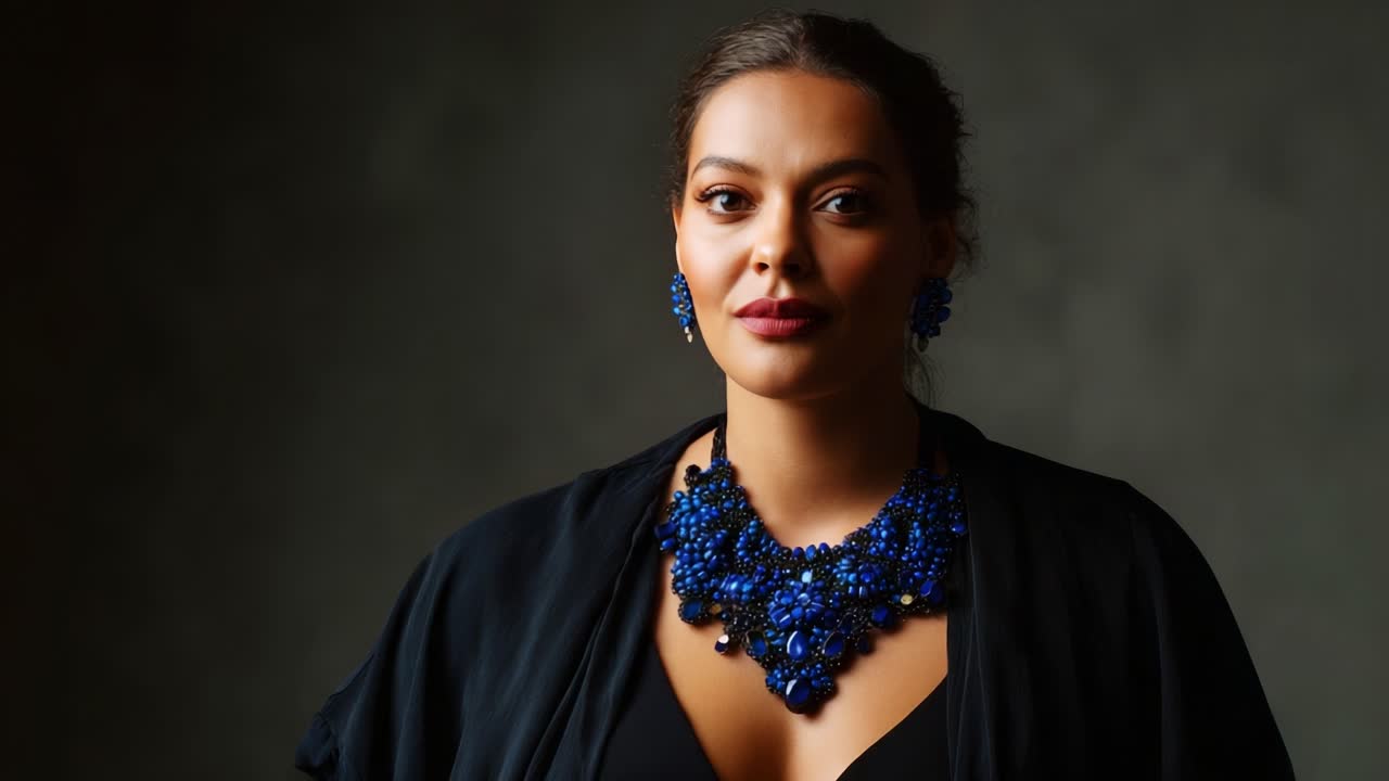 An Elegant Portrait Showcasing a Confident Woman Adorned in Stunning Blue Jewelry, Highlighting Her Beauty and Grace in a Captivating Fashion Setting