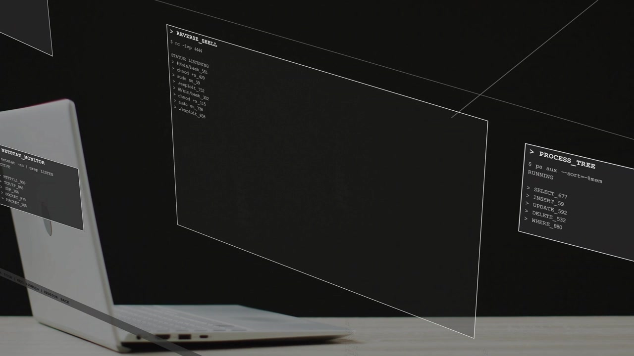 Terminale olografico che appare sopra un laptop argentato, con pannelli che si animano e aggiornano PROCESS_TREE per il monitoraggio
