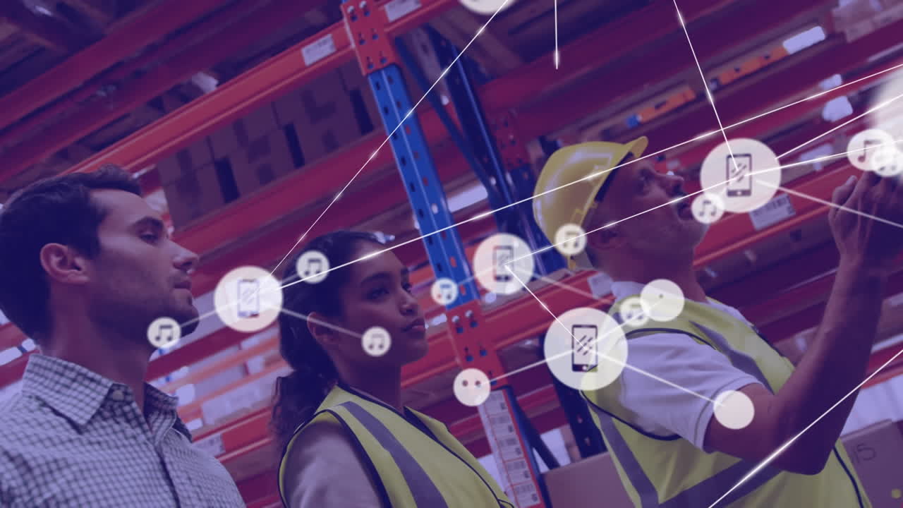 Network of digital icons against male and female worker and supervisor discussing at warehouse