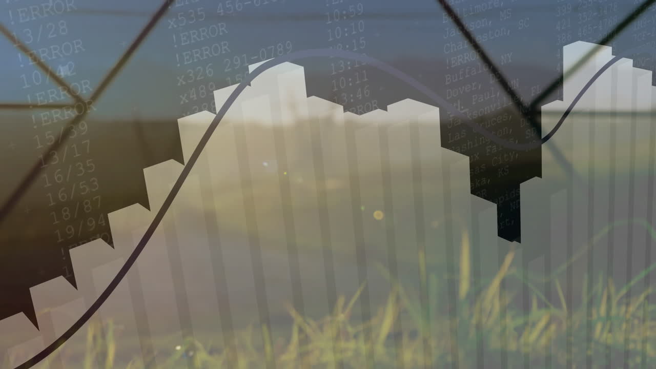 Animation of bar graph with error codes on grassy landscape background