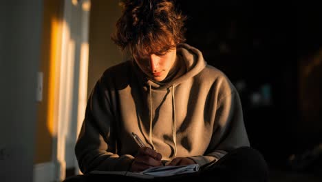 concentrated young man writing notes on notebook sitting on floor at home during sunset, taking advantage of natural light coming from window