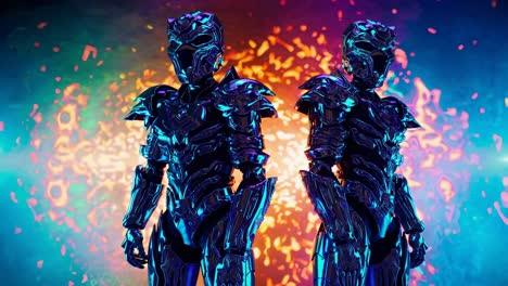 two futuristic armored figures in a vibrant explosion backdrop