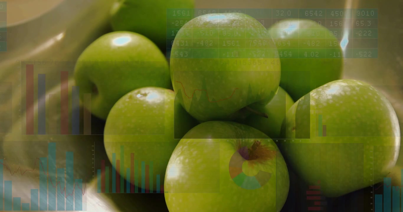 Vertikal video: Grønne epler i en bolle, bildet trekker seg tilbake og viser skiftende diagrammer for frukt.