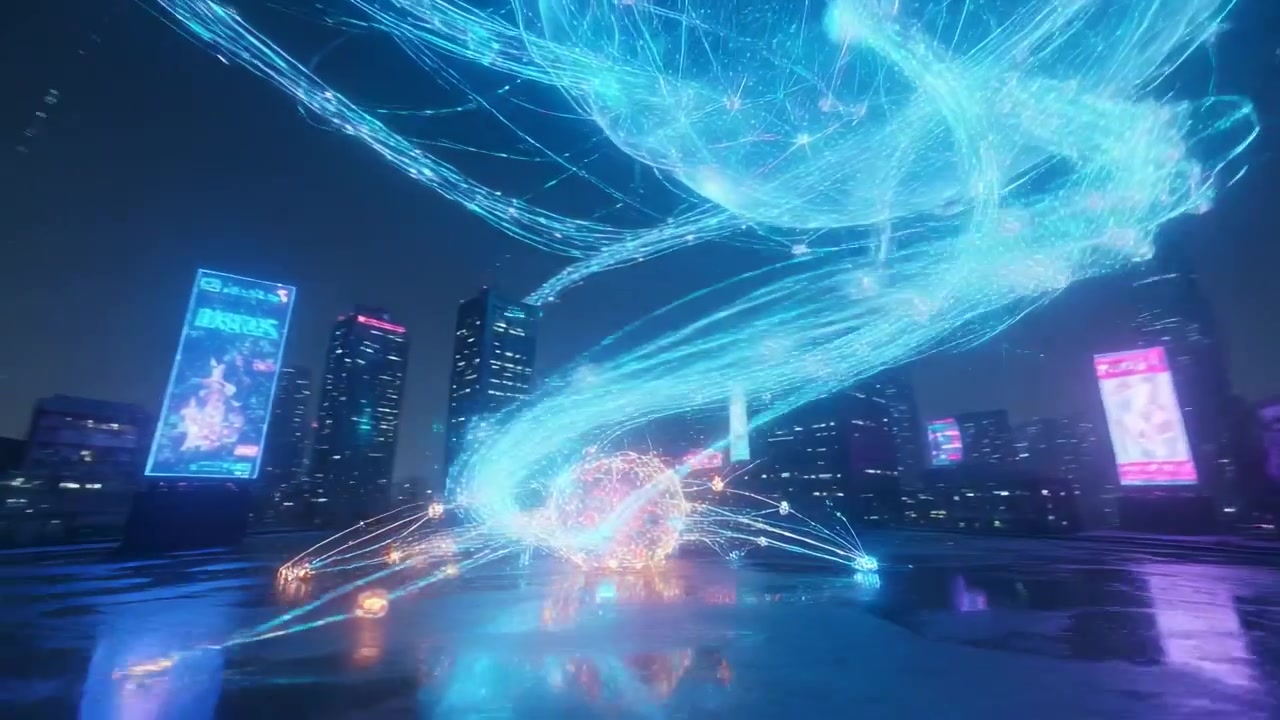 Sending blue streams, filament sphere contacting orange core on wet rooftop, activating nodes