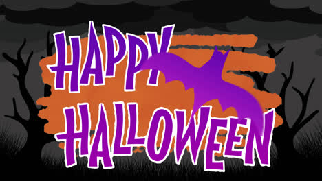 animación de saludos de halloween y murciélago moviéndose sobre fondo naranja y negro con árboles