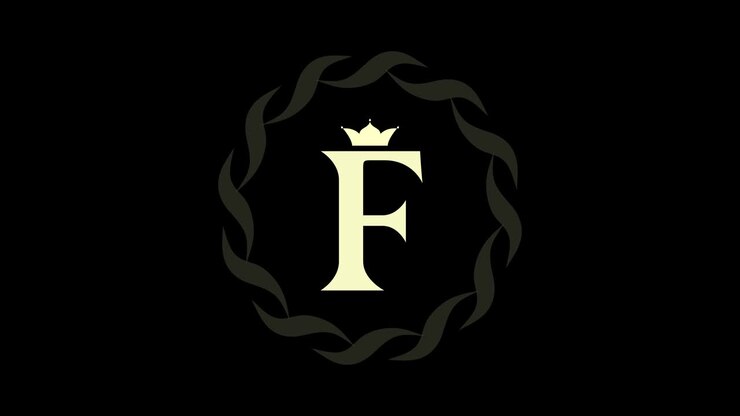 Animation of logo design. Luxury monogram. Round Emblem rotates. Capital letter F. Falling crown. Drawn ribbon. Art template in motion.