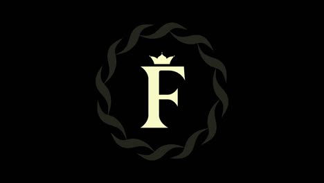 animation of logo design. luxury monogram. round emblem rotates. capital letter f. falling crown. drawn ribbon. art template in motion.