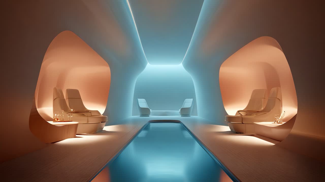 A Tranquil Spa Retreat with Innovative Design Featuring Ambient Lighting, Relaxation Areas, and a Central Pool for a Unique Wellness Experience