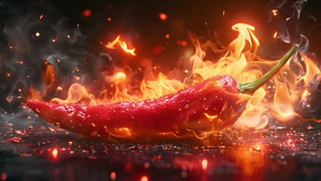 fiery red chili pepper on a bed of flames