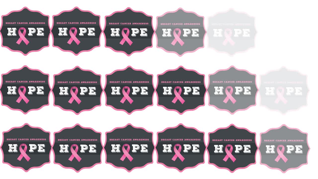 animación de varios logotipos de cinta rosa y texto sobre cáncer de mama que aparecen sobre un fondo blanco