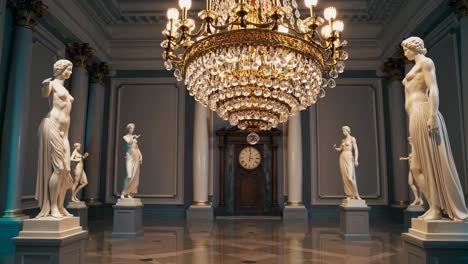 grand hall with statues and crystal chandelier